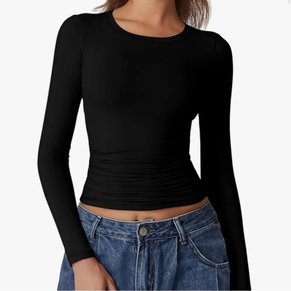 Qinsen Womens Crewneck Long Sleeve Shirt Double Lined Basic Tees Side Ruched
